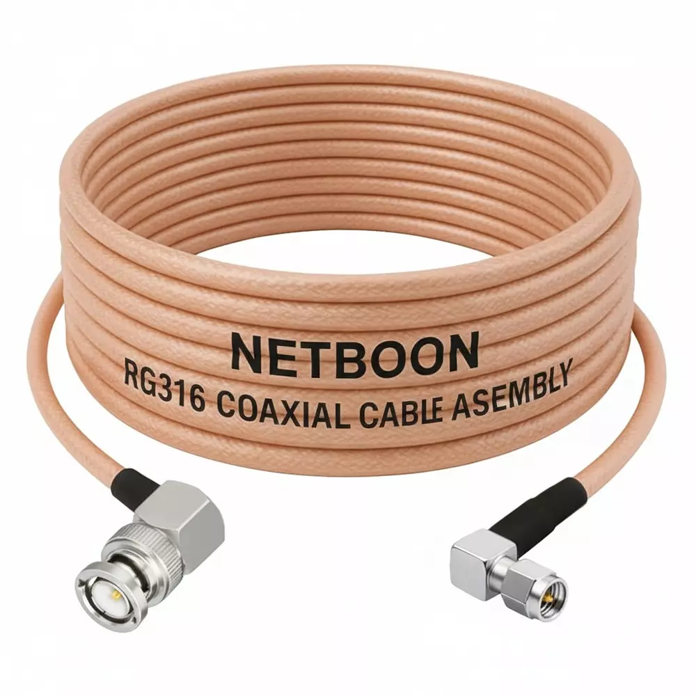 NETBOON RG316 Coaxial Cable with BNC Male Right Angle to SMA Male Right Angle Connector Copper 50 Ohm for Signal Analysis, Test Panels