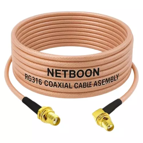 NETBOON RG316 Coaxial Cable with SMA Female to SMA Female Right Angle Connector 15 cm Copper 50 Ohm for Antenna Extensions, GPS Modules, Wireless Boards