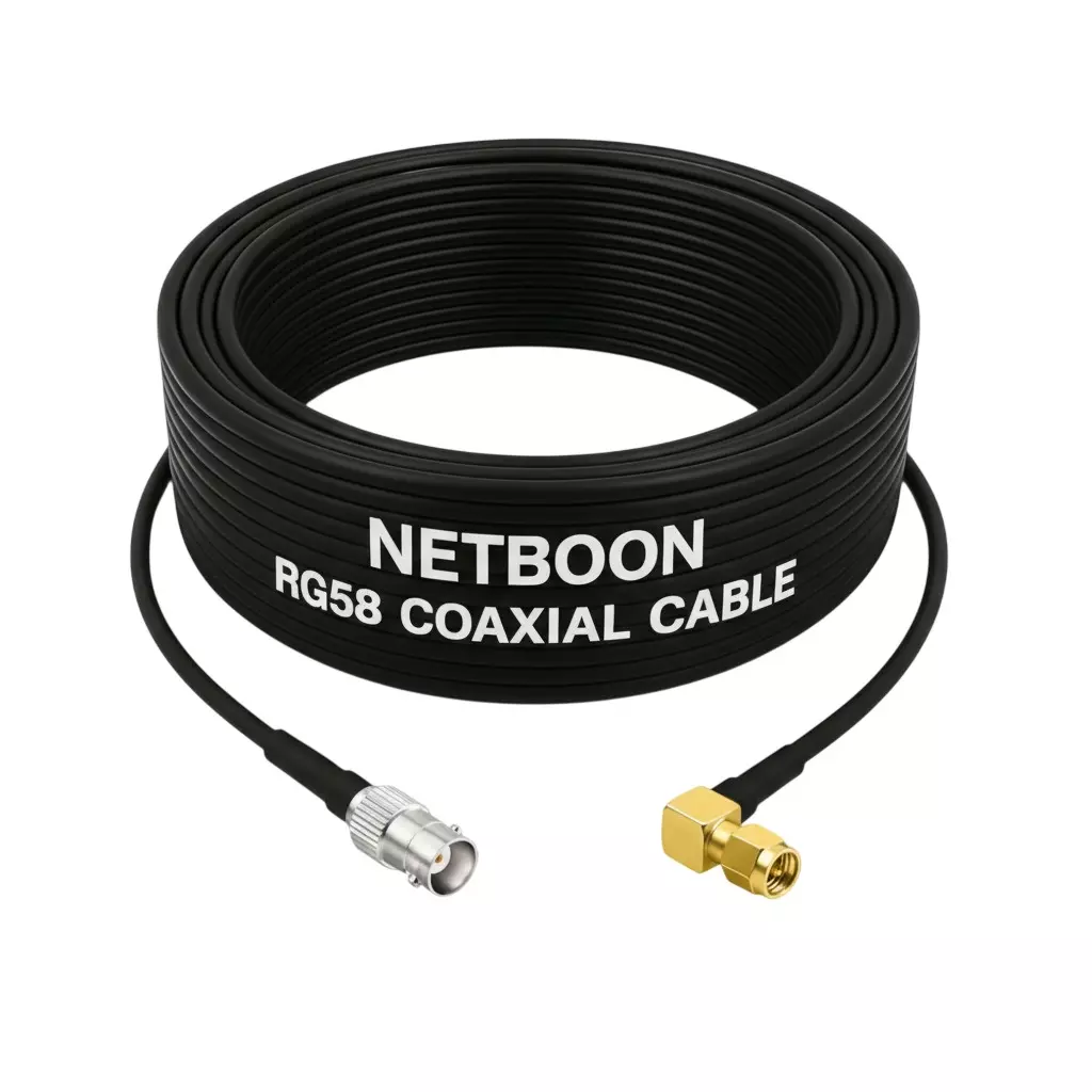 NETBOON RG58 Low Loss Coaxial Cable with BNC Female to SMA Male Right Angle Connector 5 m Black 50 Ohm for CCTV, Lab Testing & Communication Panels