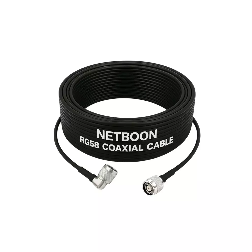 NETBOON RG58 Low Loss Coaxial Cable with RP-TNC Male to N Male Right Angle Connector 1 m Black 50 Ohm for Networking, RFID Reader