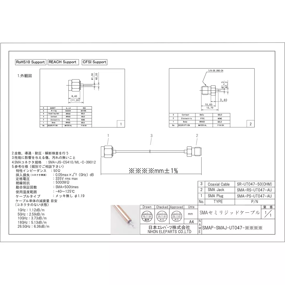 NIHON ELEPARTS SMA Plug/Jack Cable 540 mm Length Straight, SMAP-SMAJ-UT047-540