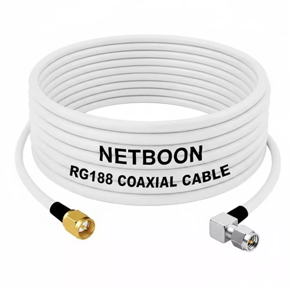 NETBOON RG188 Low Loss Coaxial Cable with SMA Male to SMA Male Right Angle Connector 15 cm White 50 Ohm for Test Equipment, Communication Systems