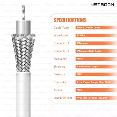 netboon-rg188-low-loss-coaxial-cable-with-sma-male-to-sma-male-right-angle-connector-15-cm-white-50-ohm-for-test-equipment-communication-systems