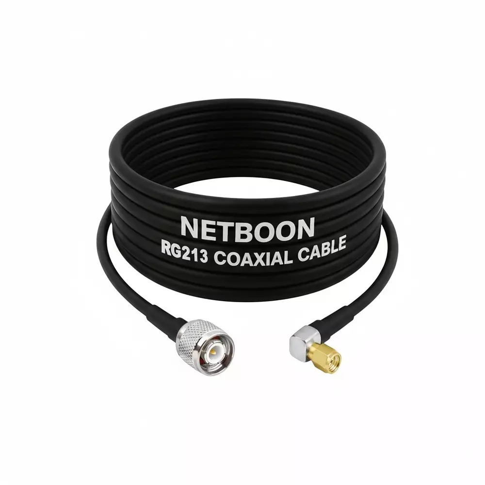 NETBOON RG213 Low Loss Coaxial Cable with TNC Male to SMA Male Right Angle Connector 5 m Black 50 Ohm for Communication & Test Devices