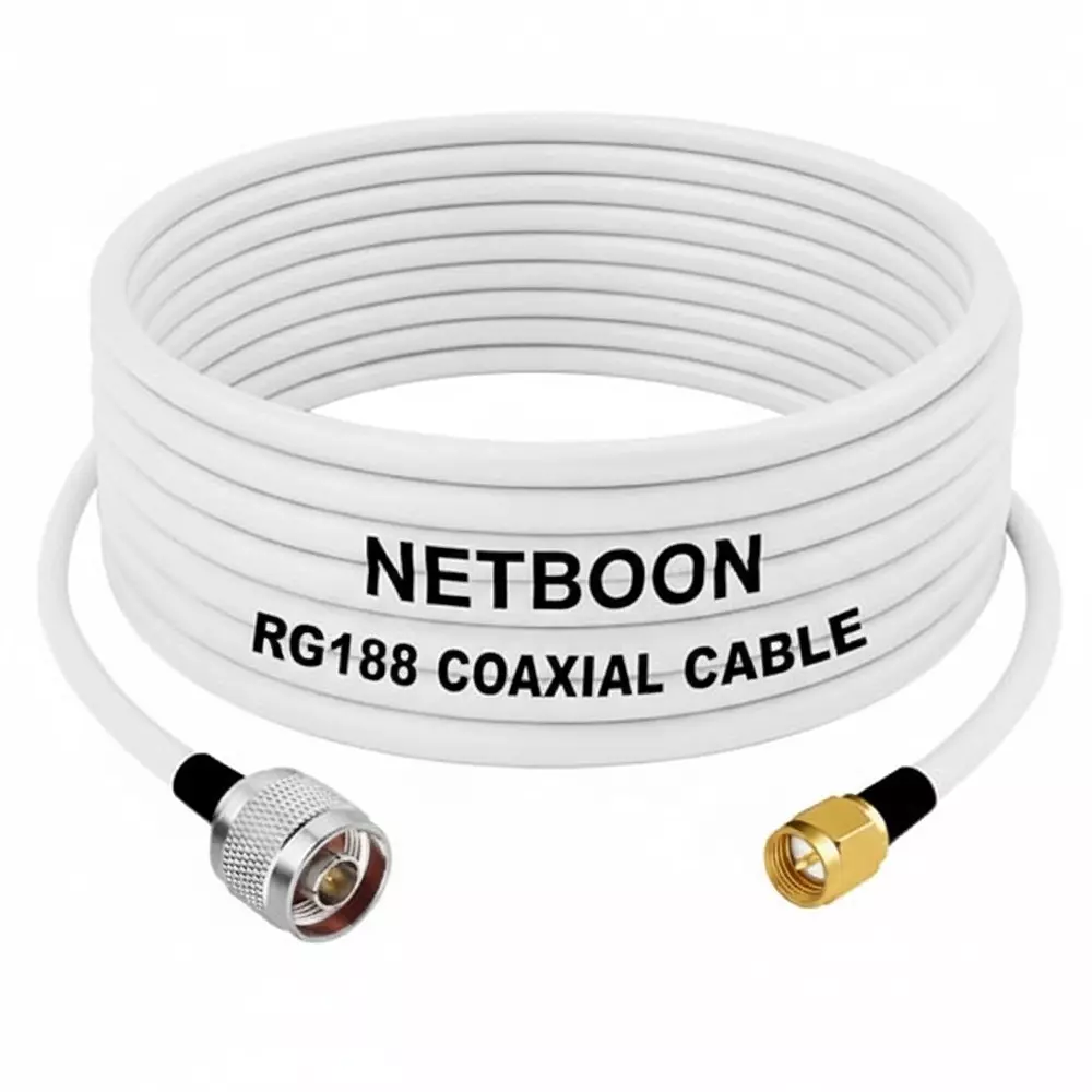 NETBOON RG188 Low Loss Coaxial Cable with N Male to SMA Male Connector 5 m White 50 Ohm for Laboratory, Communication, and Test Equipment Applications