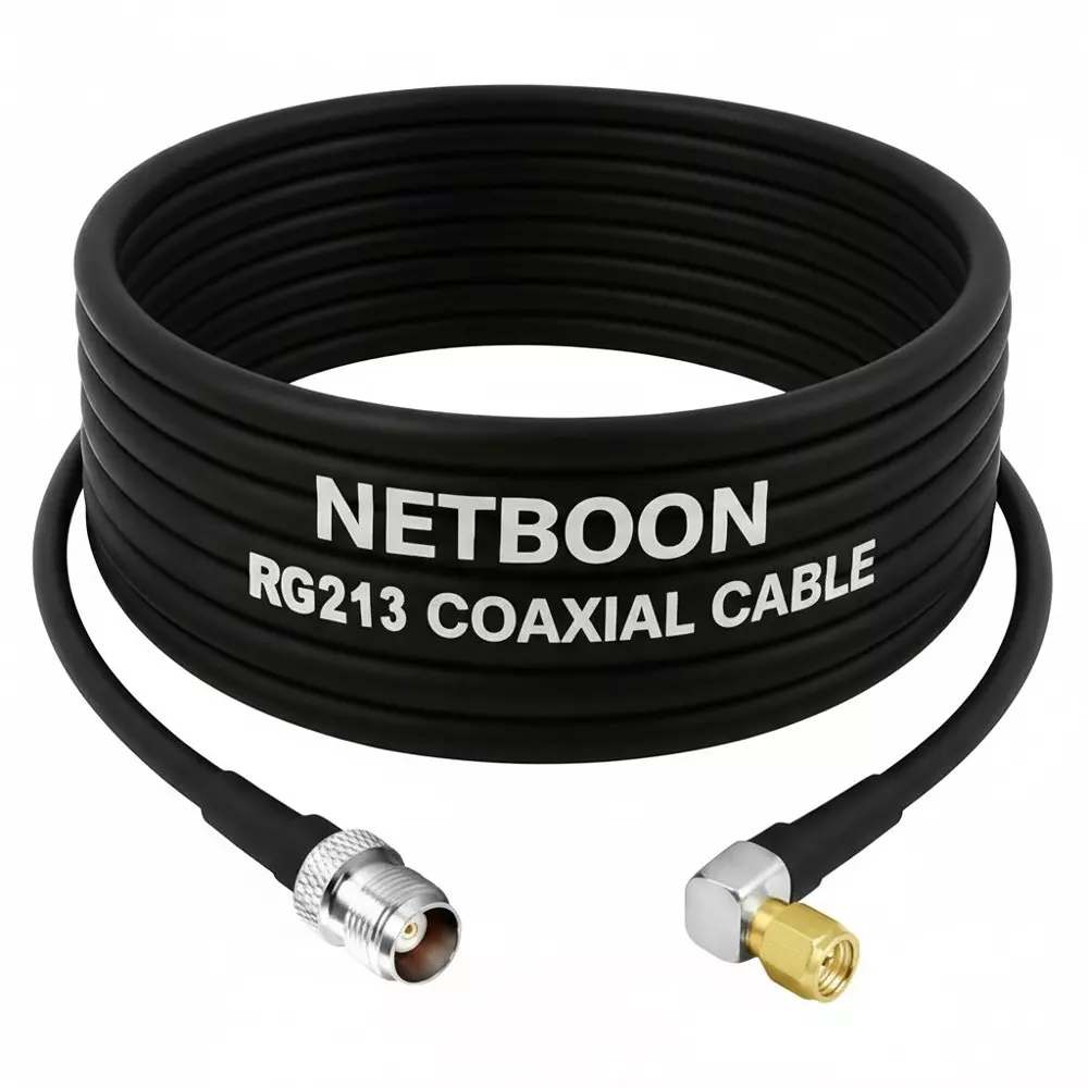 NETBOON RG213 Low Loss Coaxial Cable with TNC Female to SMA Male Right Angle Connector 15 m Black 50 Ohm for Antenna, GPS, Broadcasting