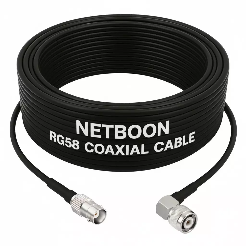 NETBOON RG58 Low Loss Coaxial Cable with BNC Female to TNC Male Right Angle Connector 20 m Black 50 Ohm for CCTV, Test & Communication Systems