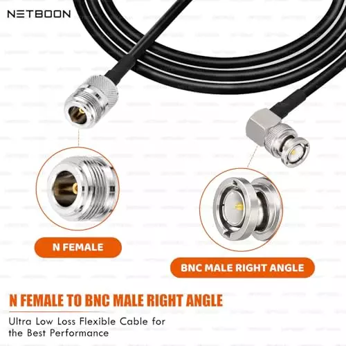 NETBOON HLF200 Low Loss Coaxial Cable 25 m with N Female to BNC Male Right Angle Connector RF 50 Ohm for CCTV, Antennas, Broadcast Devices