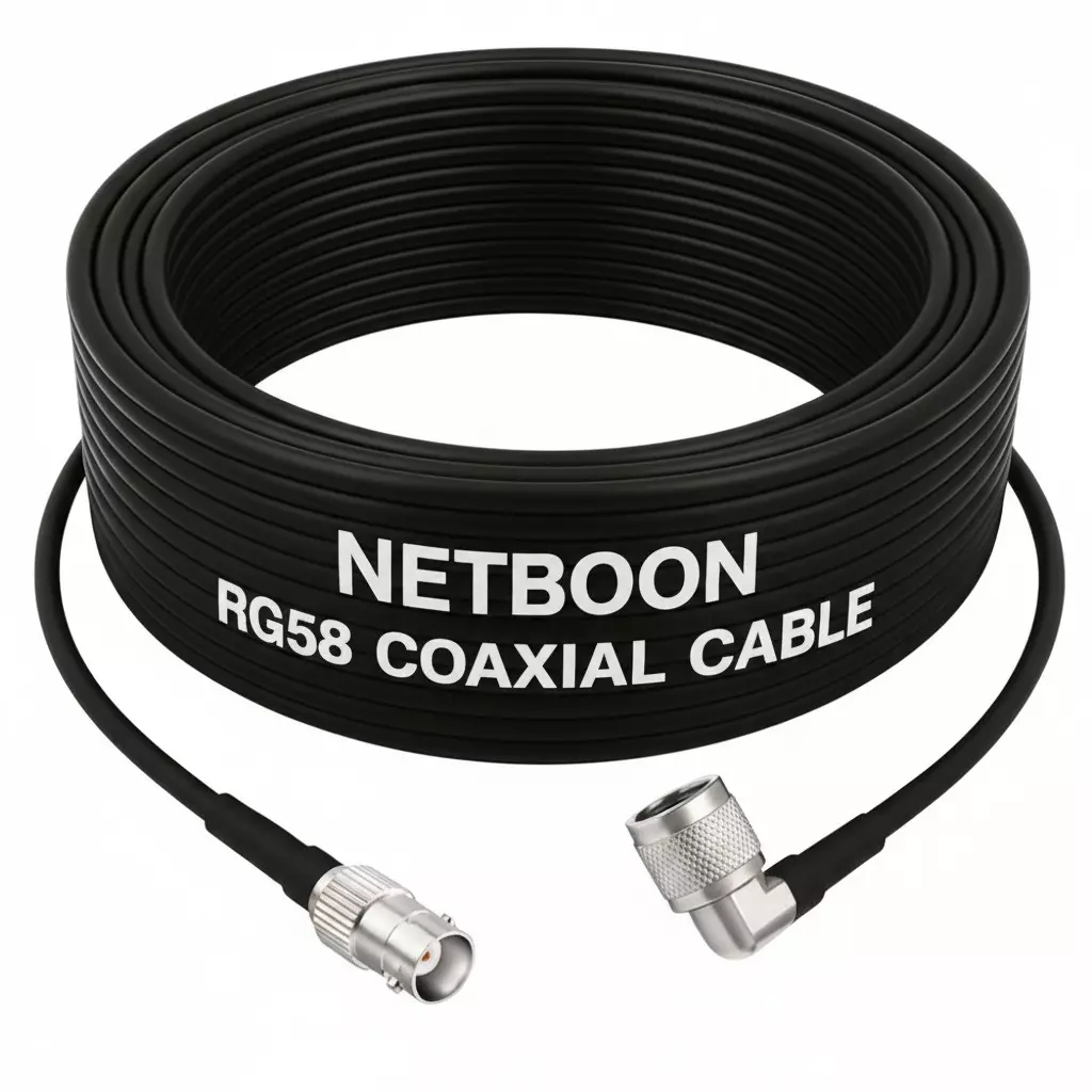 NETBOON RG58 Low Loss Coaxial Cable with BNC Female to N Male Right Angle Connector 5 m Black 50 Ohm for CCTV, Broadcast & Test Systems