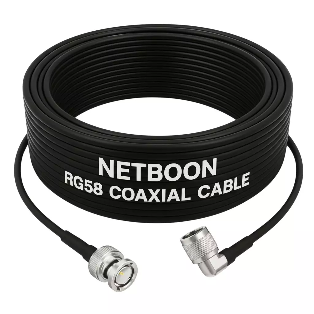 NETBOON RG58 Low Loss Coaxial Cable with BNC Male to N Male Right Angle Connector Black 50 Ohm for CCTV, Test Equipment & Communication Systems