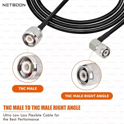 NETBOON HLF200 Low Loss Coaxial Cable 1 m with TNC Male to TNC Male Right Angle Connector RF 50 Ohm for Antenna, CCTV, Broadcast Devices
