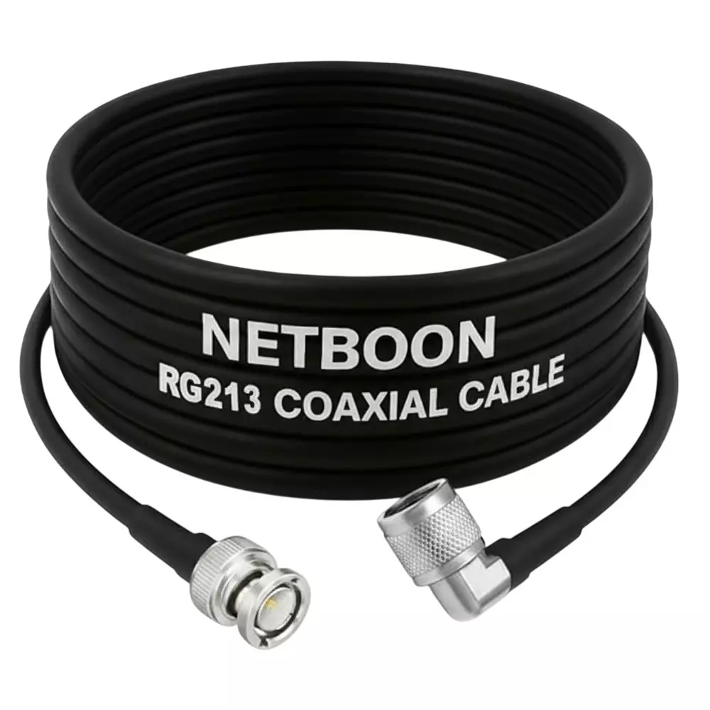 NETBOON RG213 Low Loss Coaxial Cable with BNC Male to N Male Right Angle Connector 10 m Black 50 Ohm for CCTV Systems, Communication Devices