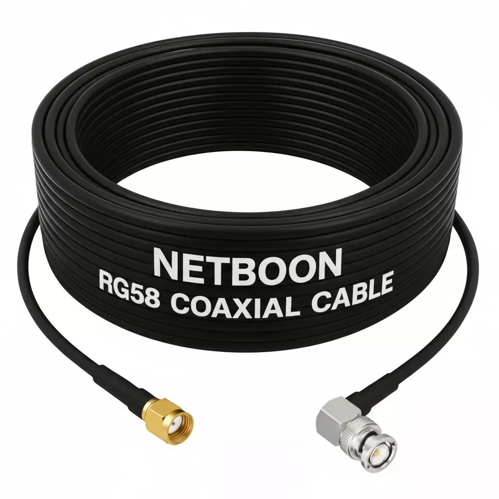 NETBOON RG58 Coaxial Cable with RP SMA Male to BNC Male Right Angle Connector 5 m Black 50 Ohm for RF Equipment, CCTV Systems, Test Instruments
