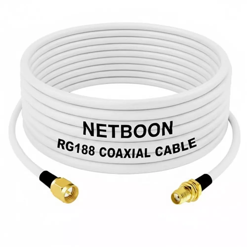 NETBOON RG188 Coaxial Cable with SMA Male to SMA Female Connector 1 m White 50 Ohm for Lab Testing, Communication Panels, and Monitoring Devices