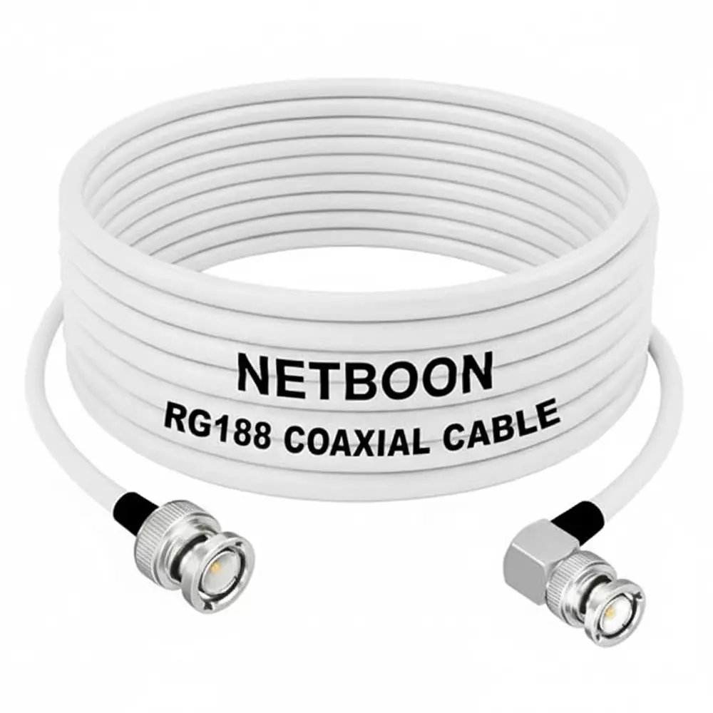 NETBOON RG188 Coaxial Cable with BNC Male to BNC Male Right Angle Connector 15 cm White 50 Ohm for Test Equipment, Communication