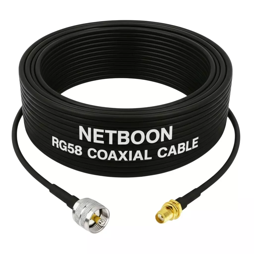 NETBOON RG58 Low Loss Coaxial Cable with UHF Male (PL-259) to SMA Female Connector 20 m Black 50 Ohm for Radio, Antenna, Wireless Systems