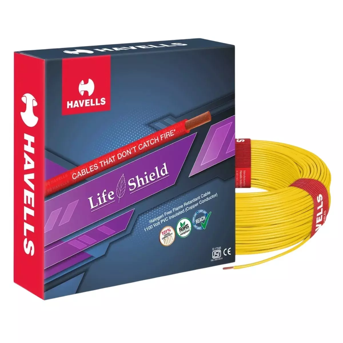 Havells Life Shield Industrial Flexible Cable Halogen-Free 1 mm² Nominal Area 1 Core Yellow 180 m Length, WHFFZNYL11X07