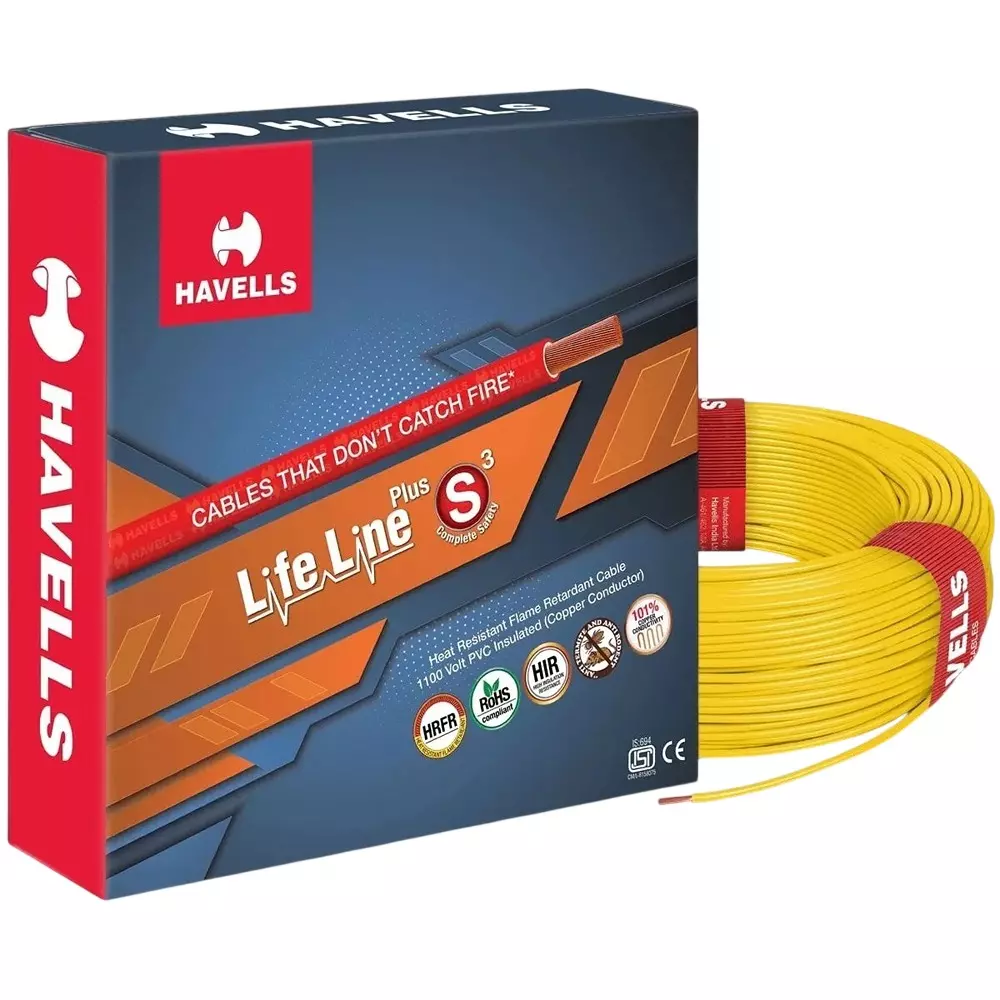 Havells Life Line Plus S3 120 Sq.mm 1 Core HRFR Flexible Electrical Cable Annealed Copper 1000 m Yellow, WHFFDNYG1120