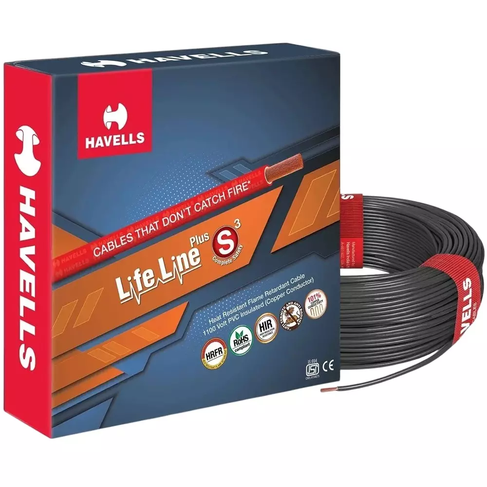 Havells Life Line Plus S3 120 Sq.mm 1 Core HRFR Flexible Electrical Cable Annealed Copper 1000 m Black, WHFFDNKG1120