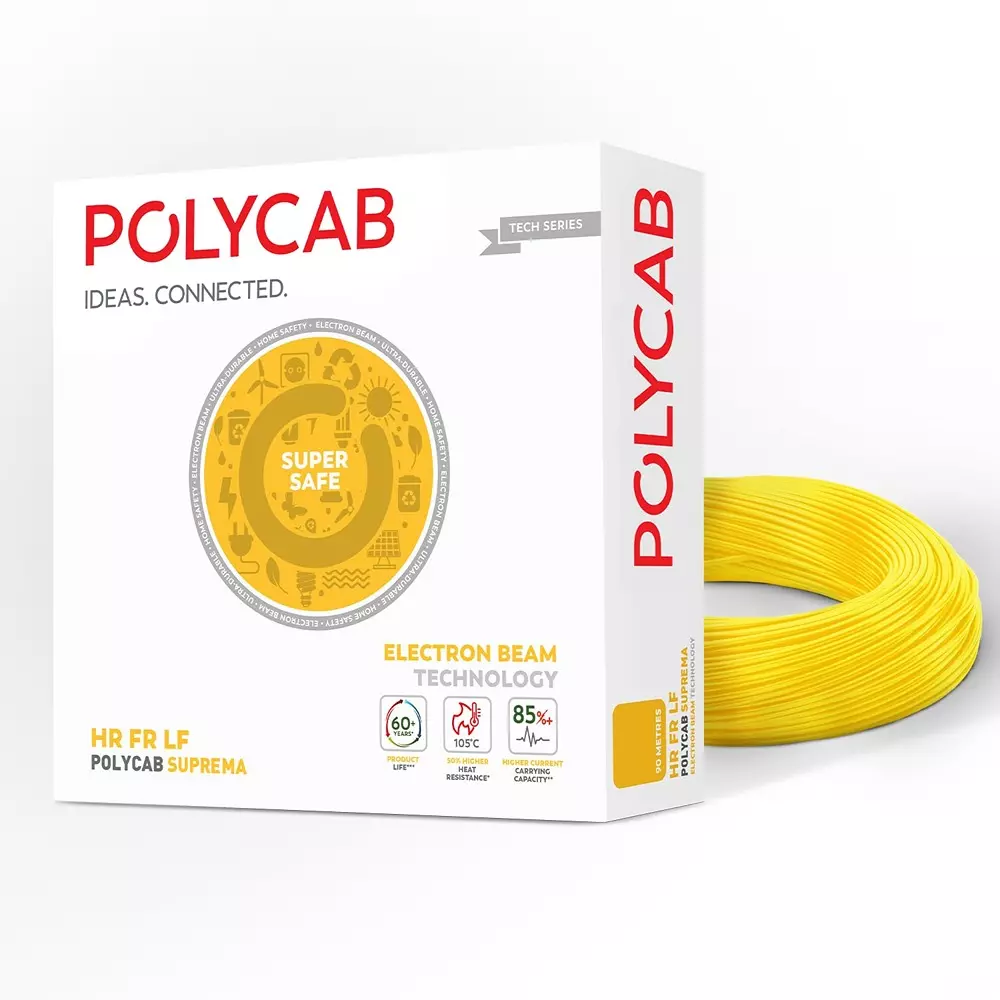 Polycab Suprema Flame Retardant (FR) House Cable 90 m Length 4 Sq. mm Copper Conductor 1 Core PVC Insulated Yellow