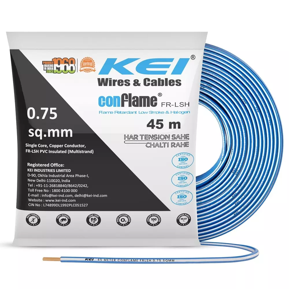 KEI Conflame Flame Retardant (FR) House Cable 1 Core 0.75 Sq mm PVC Insulated Blue Color for Domestic & Industrial Electrical Wiring (Roll of 45 m)