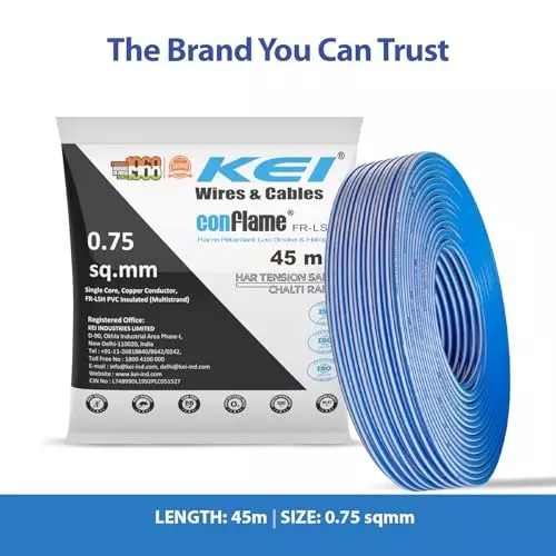 kei-conflame-flame-retardant-fr-house-cable-1-core-075-sq-mm-pvc-insulated-blue-color-for-domestic-industrial-electrical-wiring-roll-of-45-m
