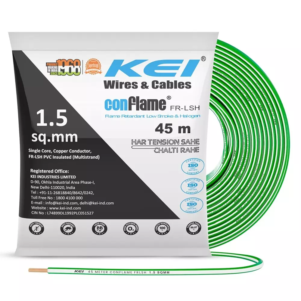 KEI Conflame Flame Retardant (FR) House Cable 1 Core 1.5 Sq mm PVC Insulated Green Color for Domestic & Industrial Electrical Wiring (Roll of 45 m)