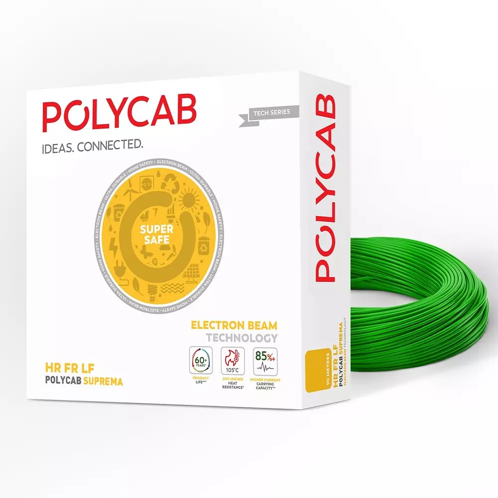 Polycab Suprema Flame Retardant (FR) House Cable 90 m Length 1 Sq. mm Copper Conductor 1 Core PVC Insulated Green