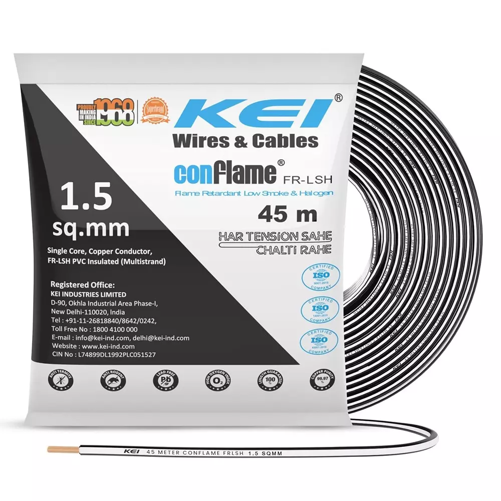 KEI Conflame Flame Retardant (FR) House Cable 1 Core 1.5 Sq mm PVC Insulated Black Color for Domestic & Industrial Electrical Wiring (Roll of 45 m)
