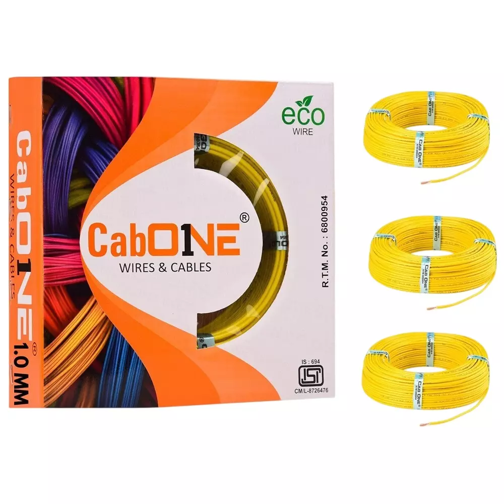Cabone Electrical Wire Yellow FR PVC Insulation CCA Copper 1 Core 1 Sq. mm 90 m Length (Pack of 3)