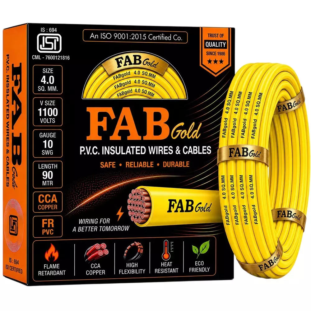 FABGOLD Electrical Wire Yellow FR PVC Insulation CCA COPPER 1 Core 4 Sq. mm and 90 m Length