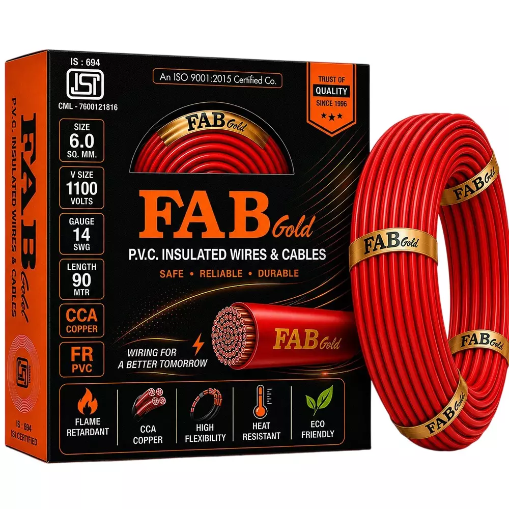 FABGOLD Electrical Wire Red FR PVC Insulation CCA COPPER 1 Core 6 Sq. mm and 90 m Length
