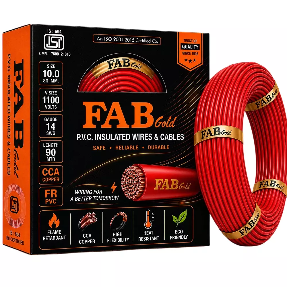 FABGOLD Electrical Wire RED FR PVC Insulation CCA COPPER 1 Core 10 Sq. mm and 90 m Length