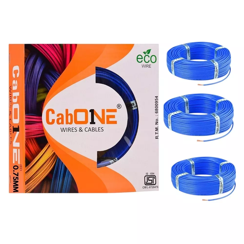 Cabone Electrical Wire Blue FR PVC Insulation CCA Copper 1 Core 0.75 Sq. mm 90 m Length (Pack of 3)