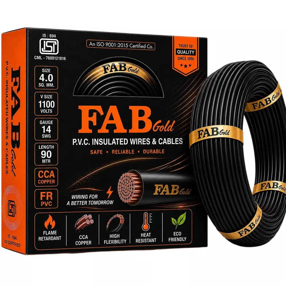 FABGOLD Electrical Wire Black FR PVC Insulation CCA COPPER 1 Core 4 Sq. mm and 90 m Length