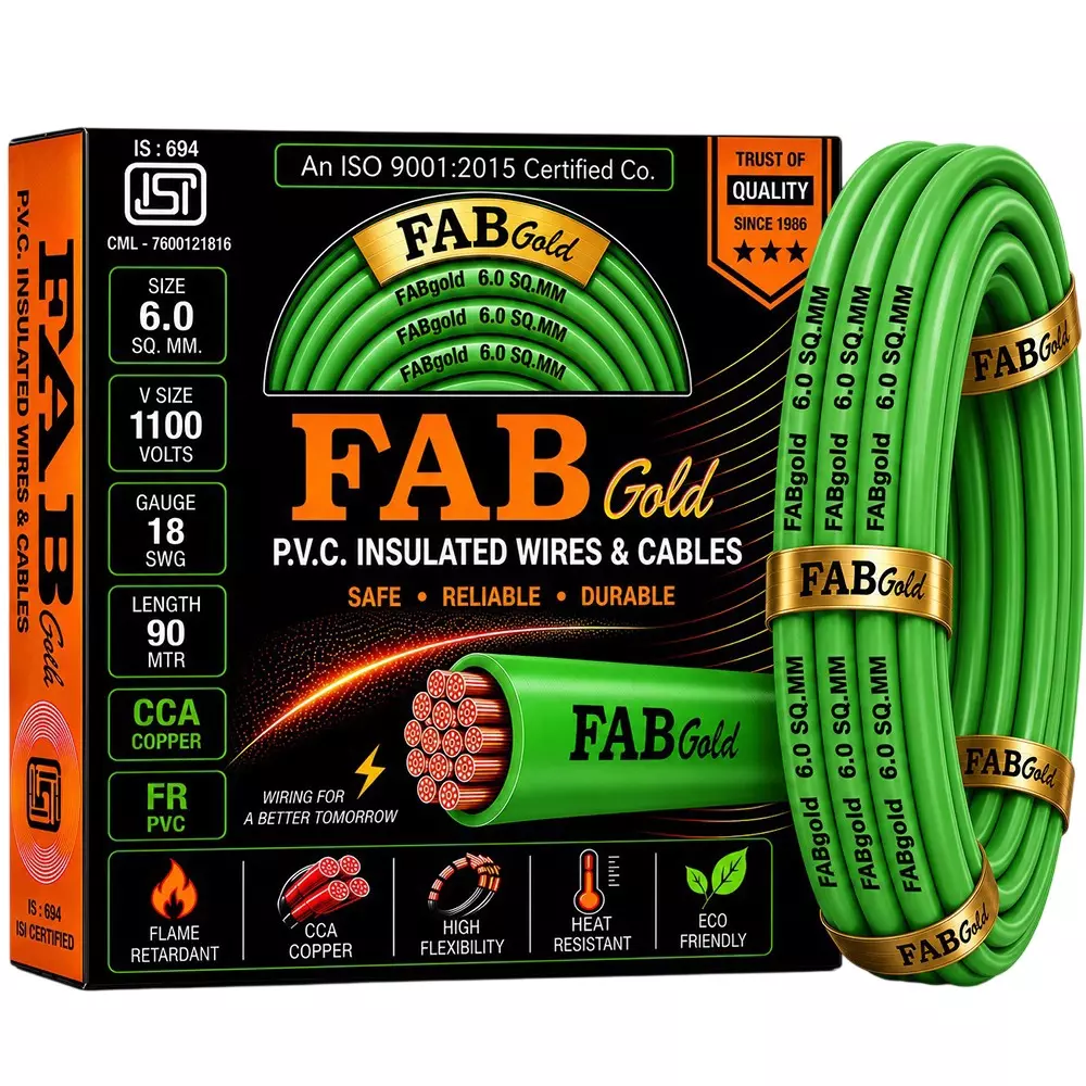 FABGOLD Electrical Wire Green FR PVC Insulation CCA COPPER 1 Core 6 Sq. mm and 90 m Length