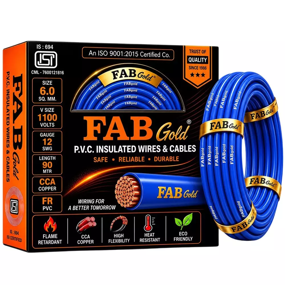 FABGOLD Electrical Wire Blue FR PVC Insulation CCA COPPER 1 Core 6 Sq. mm and 90 m Length