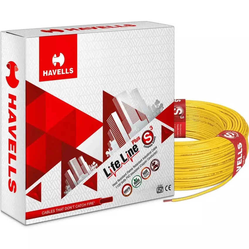 Havells Life Line Series Flexible Industrial Cable Flame Retardant PVC Insulated 1 Core 1.5 sq. mm Nominal Area Yellow, WHFFCNYA11X5 (Roll of 90 m)
