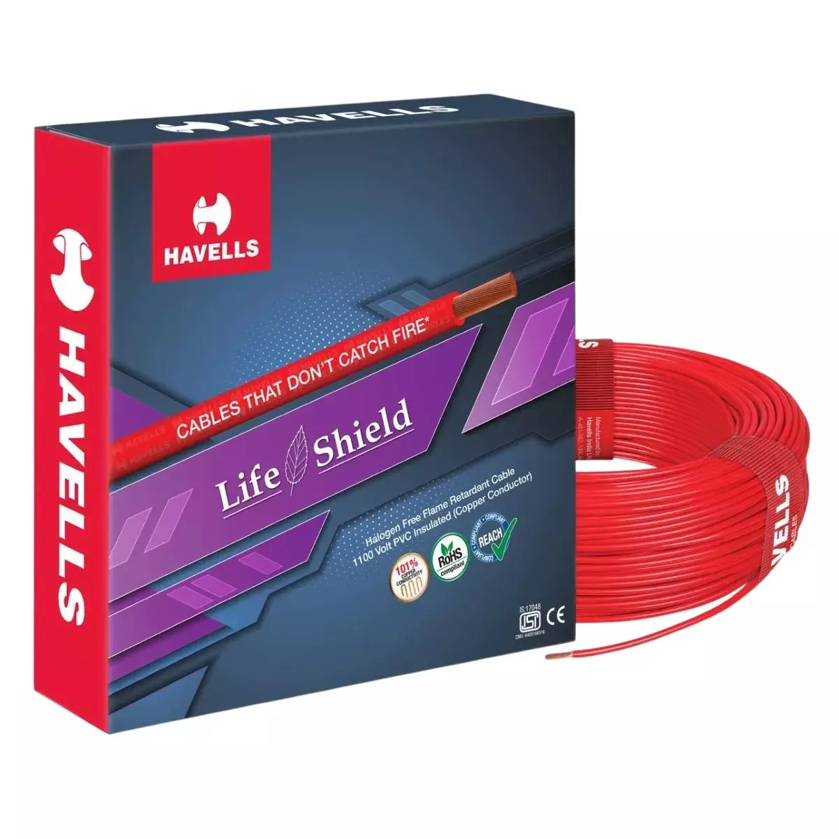 Havells Life Shield Industrial Flexible Cable Halogen-Free 1 mm² Nominal Area 1 Core Red 180 m Length, WHFFZNRL11X07