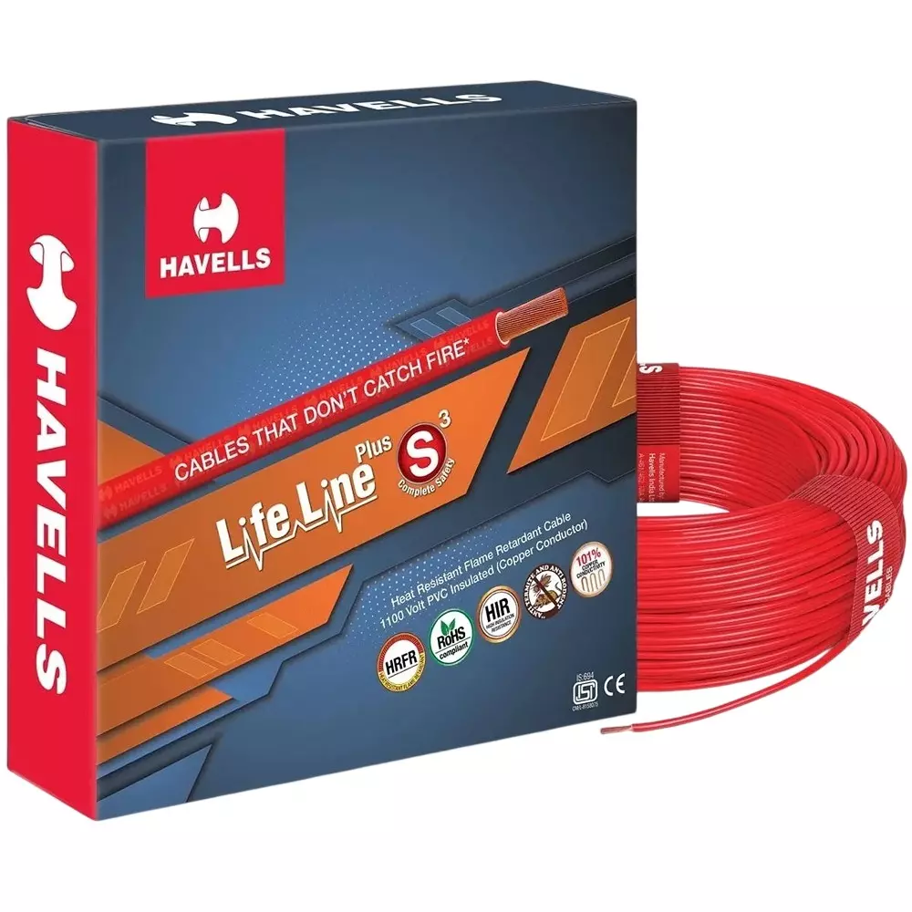 Havells Life Line Plus S3 25 Sq.mm 1 Core HRFR Flexible Electrical Cable Annealed Copper 1000 m Red, WHFFDNRG1025