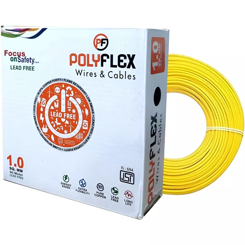Polyflex 1 Sq.mm Clad Copper Electrical Wire 1 Core FR PVC Multistrand Yellow 80 m Length, RP02