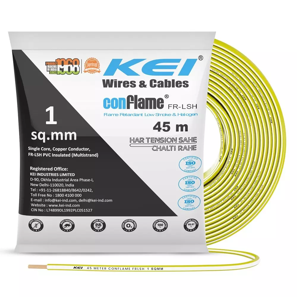 KEI Conflame Flame Retardant (FR) House Cable 1 Core 1 Sq mm PVC Insulated Yellow Color for Domestic & Industrial Electrical Wiring (Roll of 45 m)