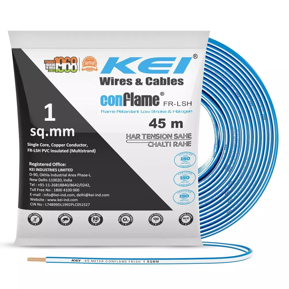 KEI Conflame Flame Retardant (FR) House Cable 1 Core 1 Sq mm PVC Insulated Blue Color for Domestic & Industrial Electrical Wiring (Roll of 45 m)