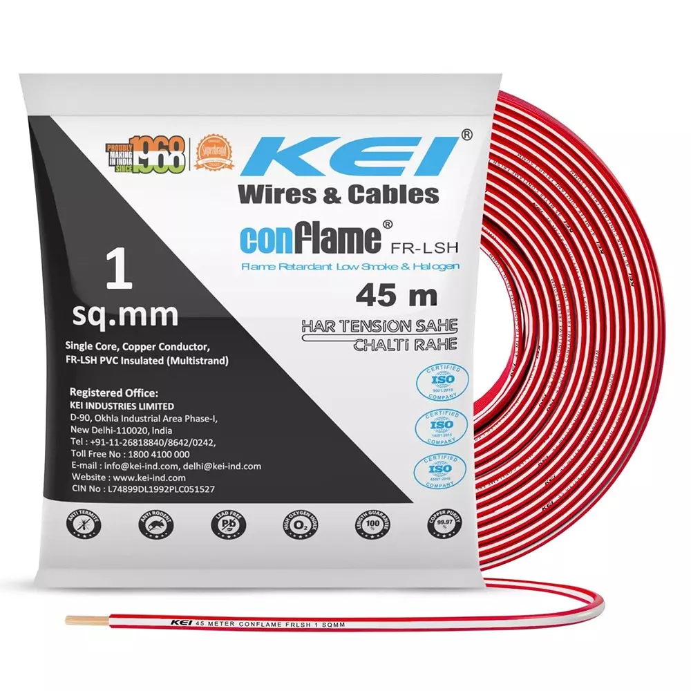 KEI Conflame Flame Retardant (FR) House Cable 1 Core 1 Sq mm PVC Insulated Red Color for Domestic & Industrial Electrical Wiring (Roll of 45 m)