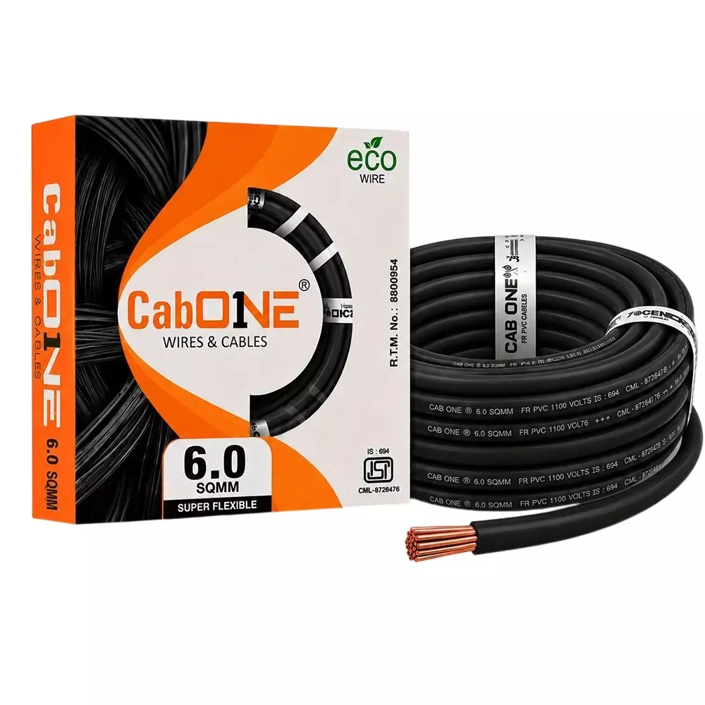 Cabone Electrical Wire Black FR PVC Insulation CCA Copper 1 Core 6 Sq. mm 90 m Length