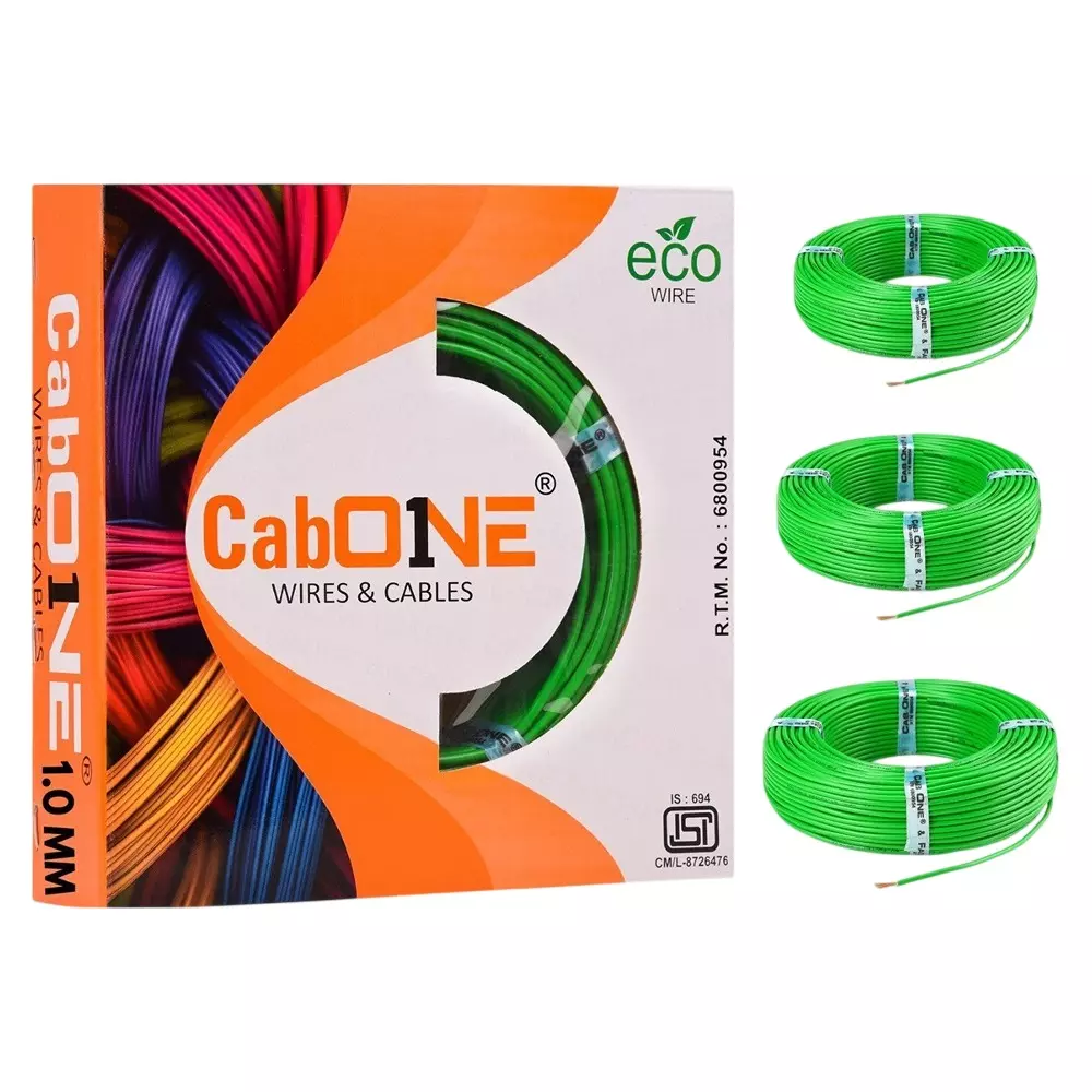 Cabone Electrical Wire Green FR PVC Insulation CCA Copper 1 Core 1 Sq. mm 90 m Length (Pack of 3)