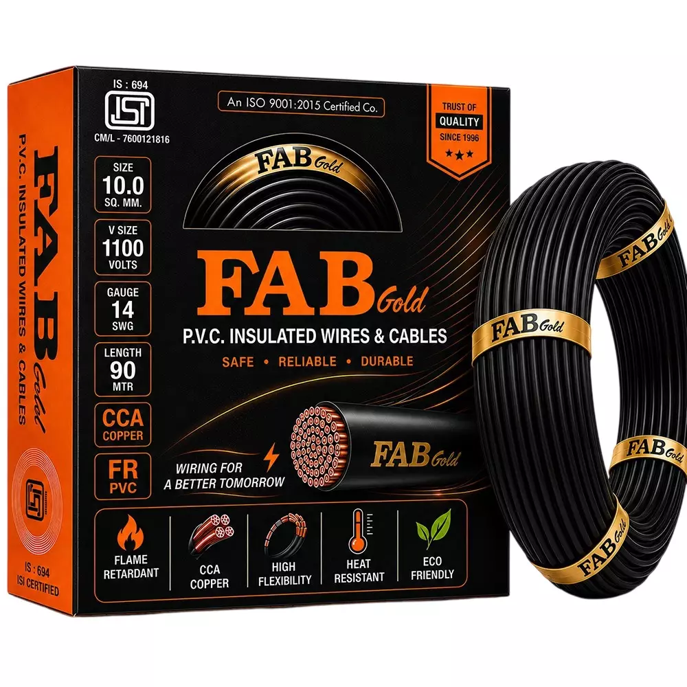 FABGOLD Electrical Wire BLACK FR PVC Insulation CCA COPPER 1 Core 10 Sq. mm and 90 m Length
