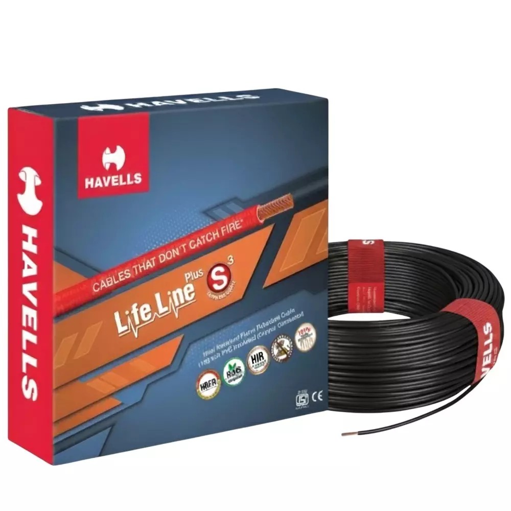 Havells Flame Retardant HRFR Industrial Cable PVC Insulated 1 Core 10 mm² Nominal Area 90 m Black, WHFFCDBKA1010