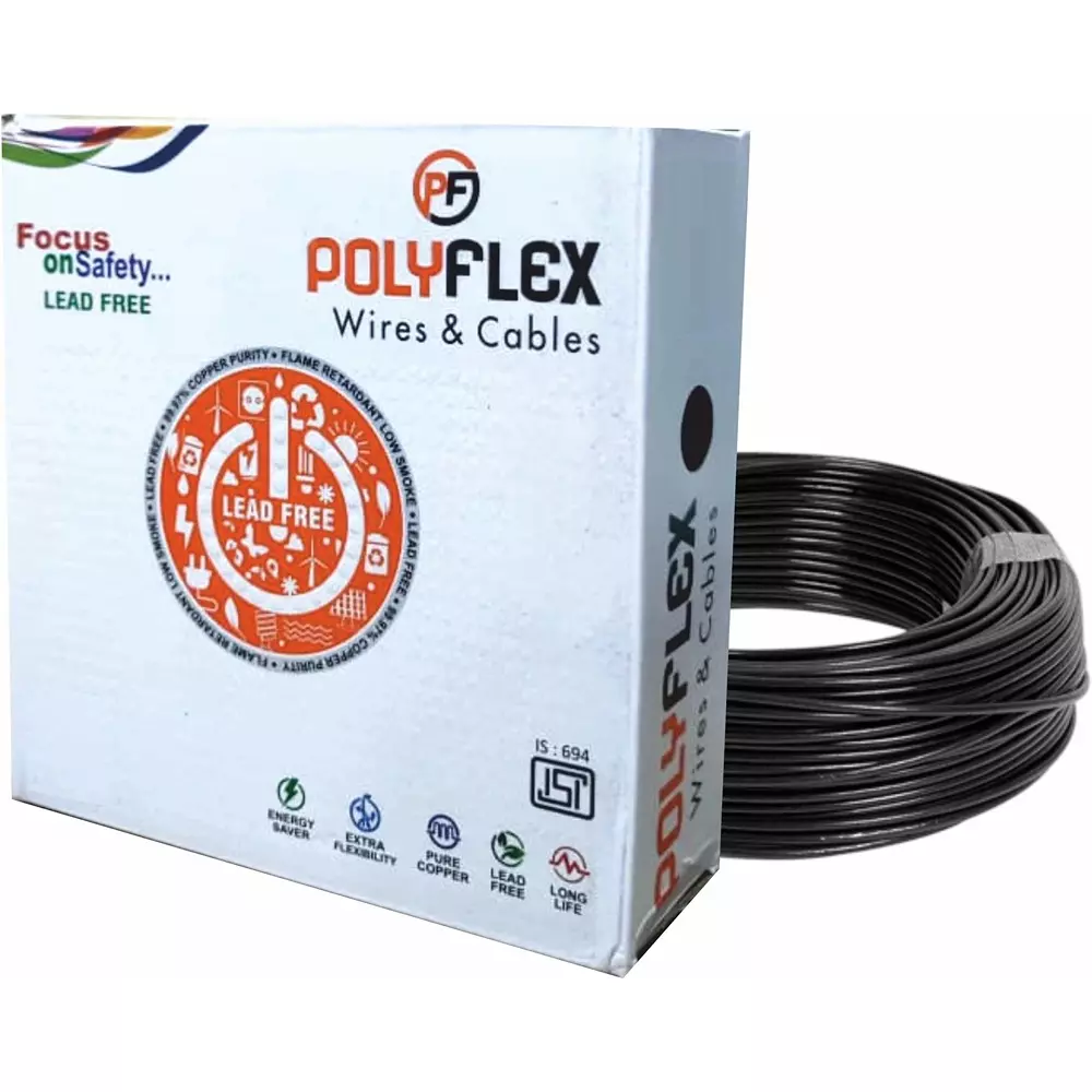 Polyflex 1.5 Sq.mm Clad Copper Electrical Wire 1 Core FR PVC Multistrand Black 80 m Length, RP 016