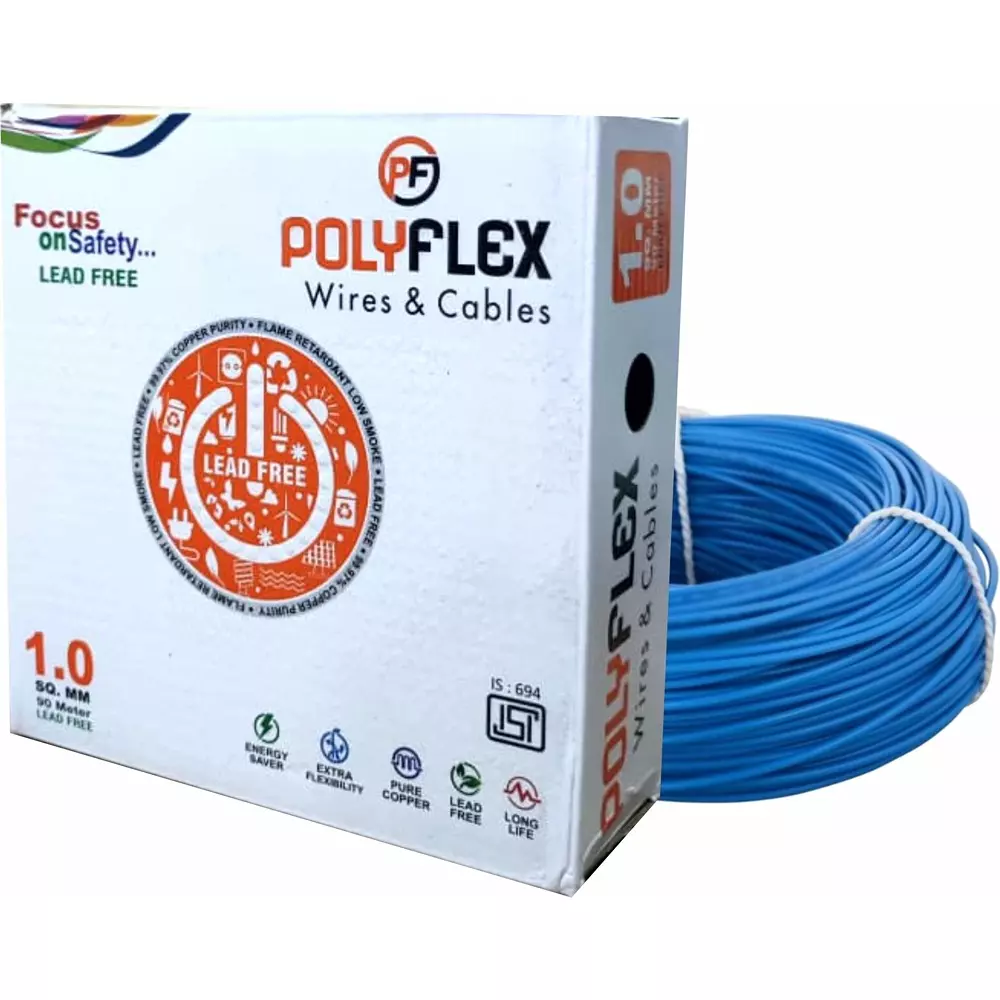 Polyflex 1 Sq.mm Clad Copper Electrical Wire 1 Core FR PVC Multistrand Blue 80 m Length, RP10